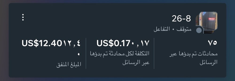الحملة 1 في مدير الإعلانات: 75 محادثة، التكلفة لكل محادثة 0.17 دولار، المبلغ المنفق 12.40 دولار