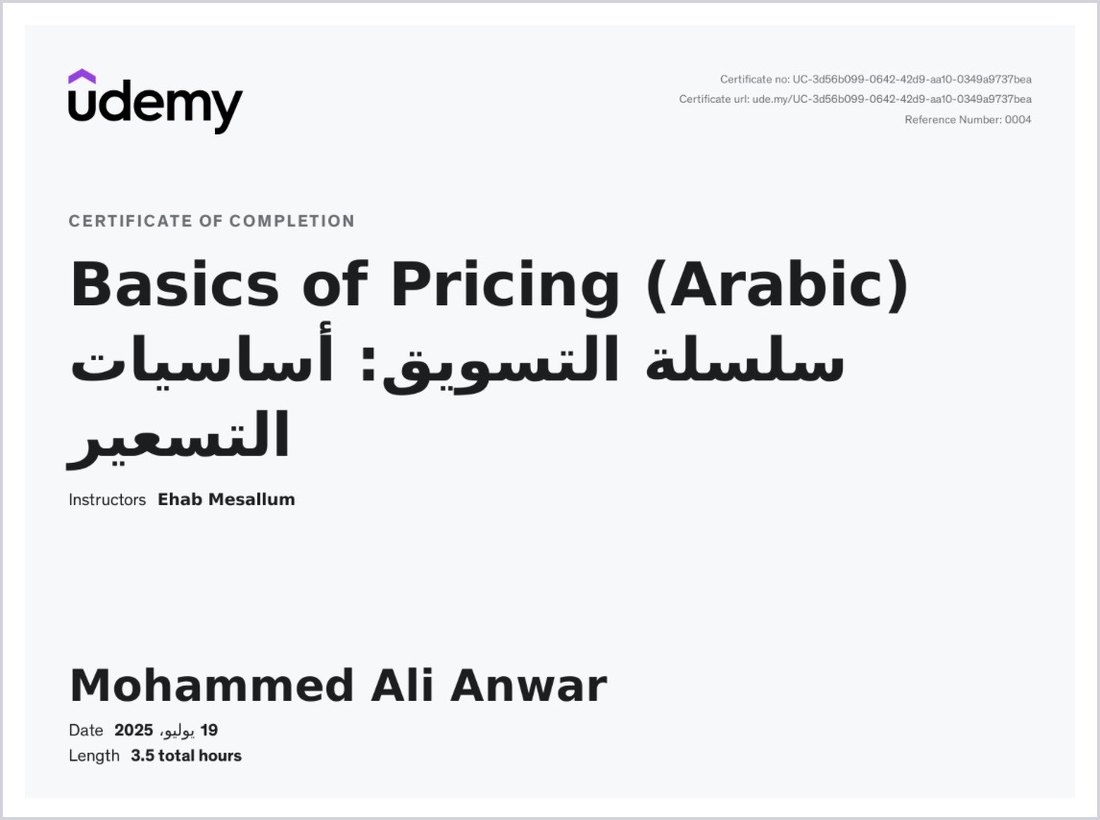 شهادة إتمام دورة أساسيات التسعير على Udemy باسم Mohammed Ali Anwar