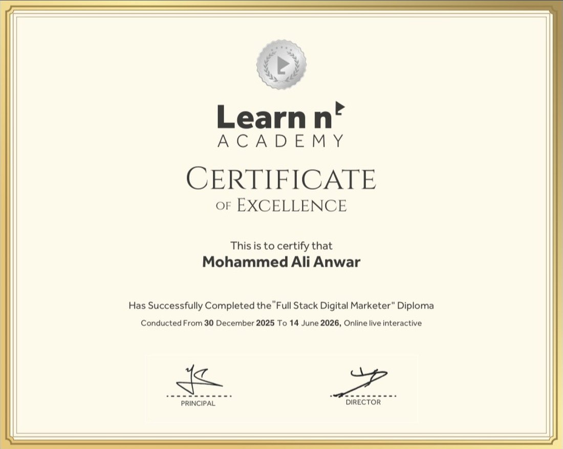 شهادة دبلوم Full Stack Digital Marketer من Learn n Academy باسم Mohammed Ali Anwar